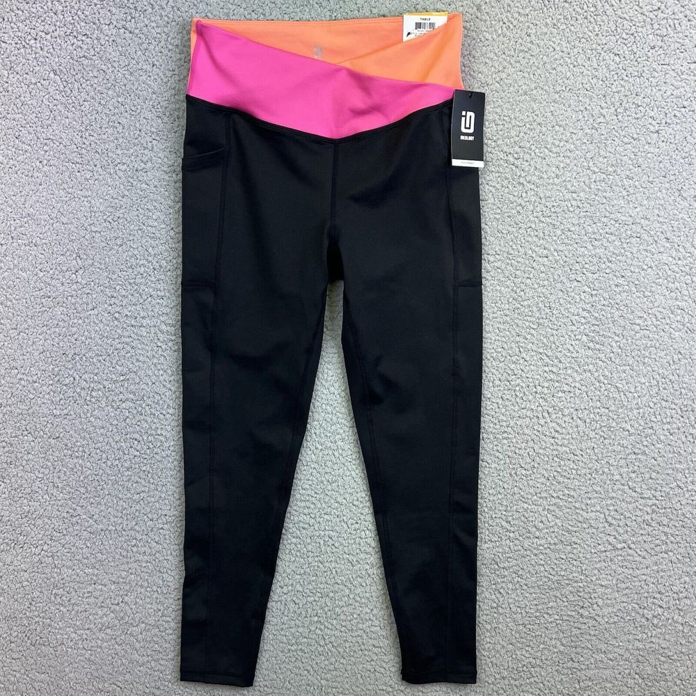 Ideology Womens Leggings Black Orange Cross Waist Sz Small Yoga Pants 24 NEW NWT